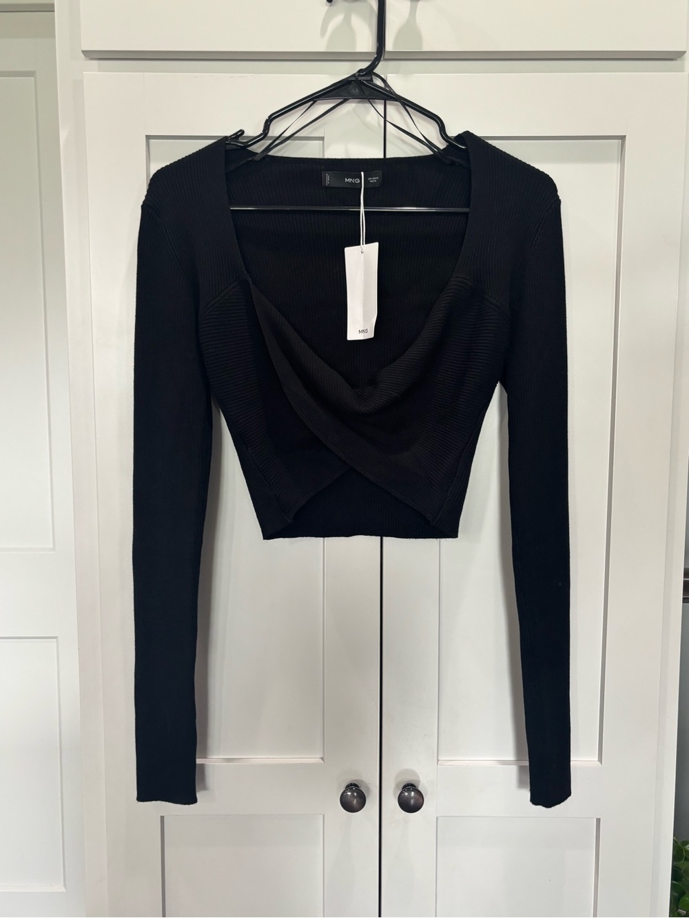 Mango Black Draped Ribbed Long-Sleeve Crop Top Jersey 210IRENE Medium